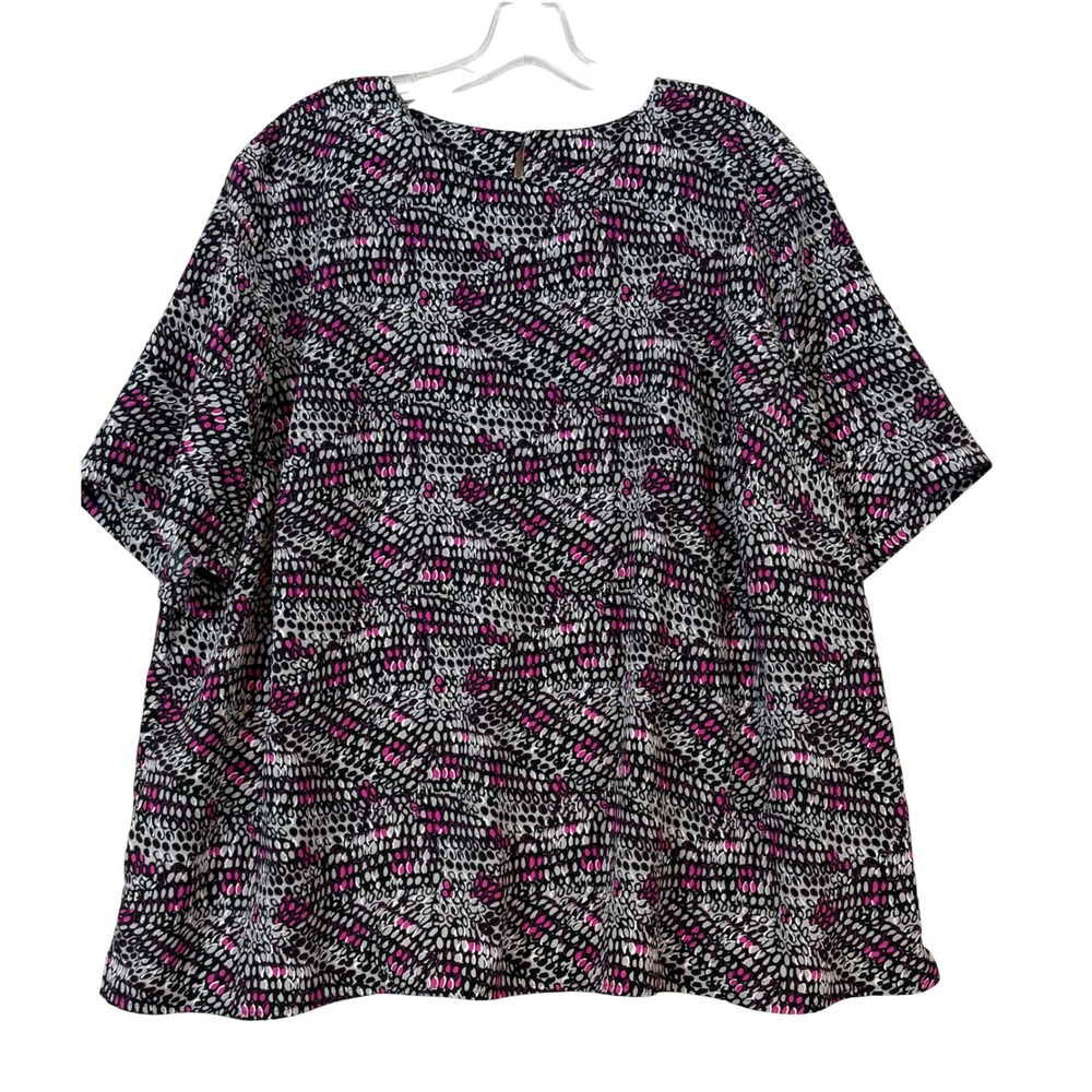 Maggie Barnes Womens 2X 22/24W Pink Black Abstract Print Short Sleeve Blouse Top